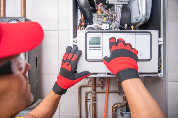 Técnico profesional reparando una caldera Junkers de gas natural en Villalbilla